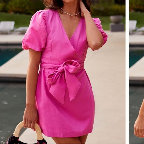 Anthro Charlie Holiday Margaux Wrap‎ pink linen wrap dress w puff sleeves size 4 - Picture 1 of 5